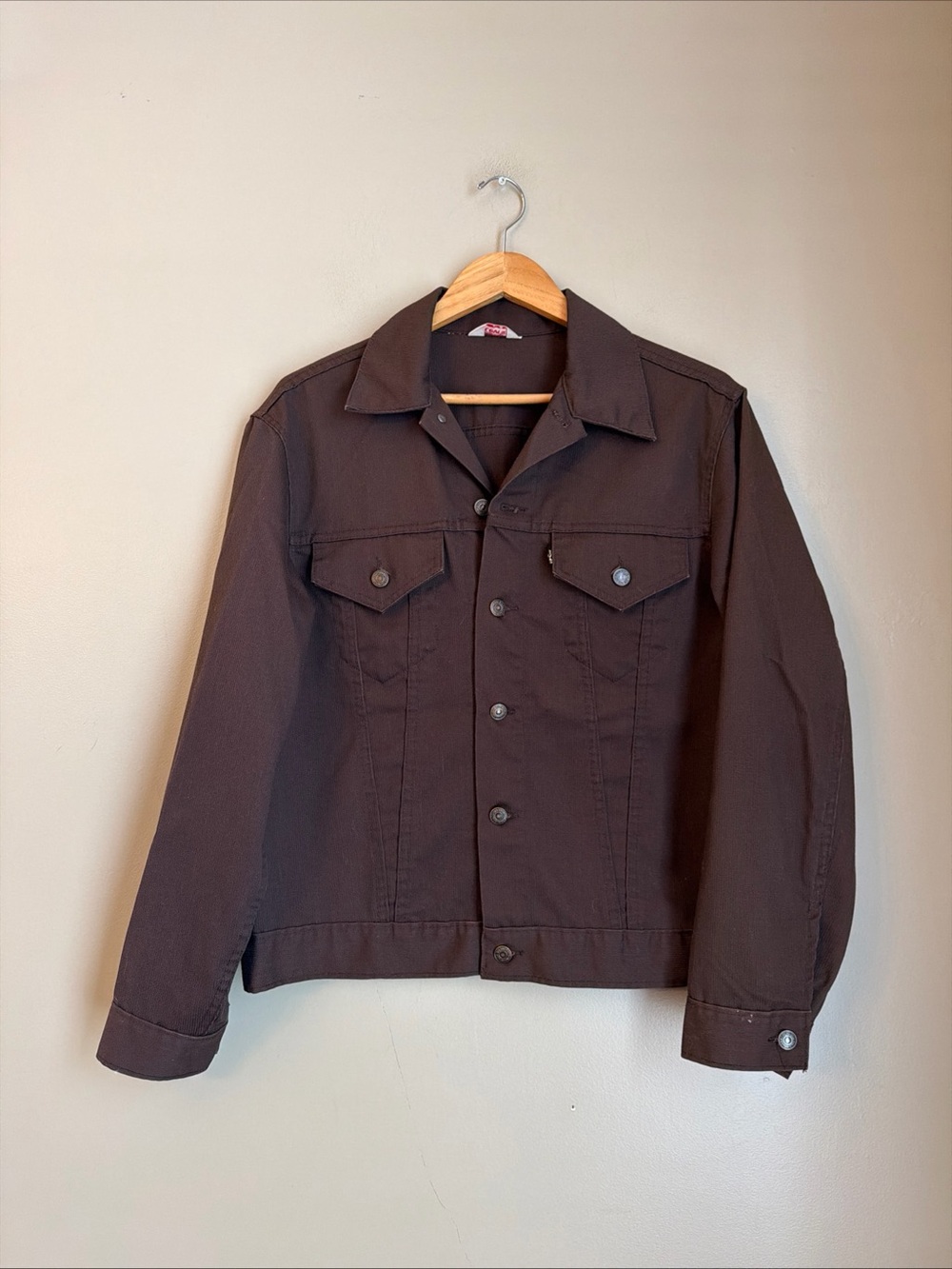 Vtg 70s Levis Trucker Jacket Type lll Brown Big E Black Gold Tab Sta-Prest Poly